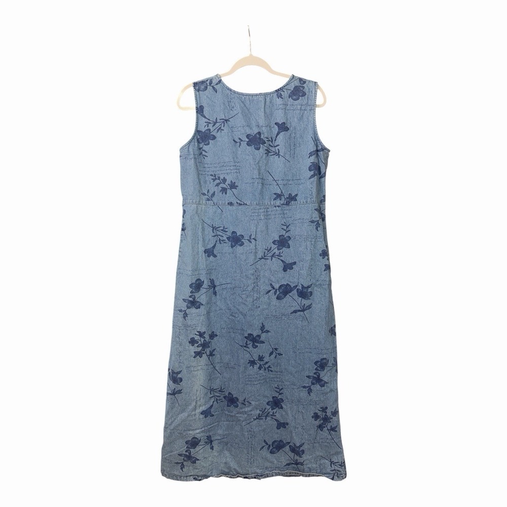 Denim & Co Blue Floral Chambray Button Front Midi Dress Large 100% Cotton - Picture 3 of 5